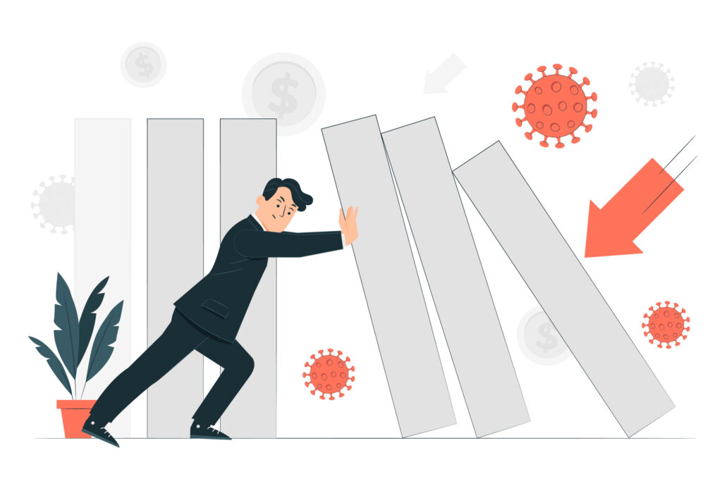 Illustration of a businessman stopping falling financial bars, symbolizing efforts to manage financial risks in BPO industry during a crisis